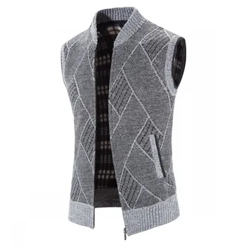 Iarna tricotate vesta bărbați pe plus catifea groasă diamond model jacheta cu guler cardigan pulover barbati sacou fără mâneci Imagine 3