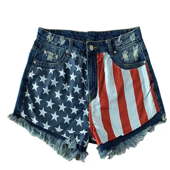 Imbracaminte pentru femei de 4 iulie, Ziua Independenței Steagul American Star Ciucure Doamnă Fierbinte Sexy, pantaloni Scurți din Denim Fata Servitoare Navy Blue Jeans Imagine 3