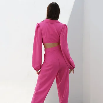 Noi francez de Moda de Îmbrăcăminte pentru Femei Bubble Sleeve Expuse Buric Design Sentiment Mici Pantaloni Picior Temperament Tinuta Casual Set Imagine 3