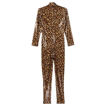 Noua Sexy Leopard de Imprimare Salopete Wetlook Faux din Piele Catsuit din PVC Latex Bodysuit Clubwear Fetish Erotic Fierbinte Dans Pol Costum Imagine 3