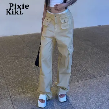 PixieKiki Y2k Streetwear Low Rise Jeans pentru Femei Pantaloni Stil coreean Multi-buzunar de Încărcături Kaki Pantaloni din Denim P67-EG48 Imagine 3