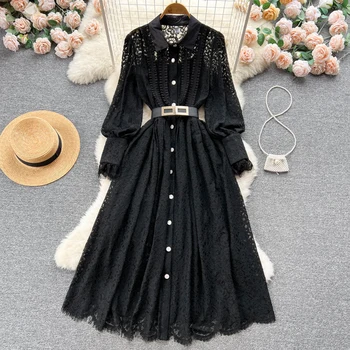 Primăvara Femei Dantelă rochie camasa cu curea Negru de Mari dimensiuni Felinar maneca Maxi Rochie 2023 Haine de Vară Streetwear INKEO 2D164 Imagine 3