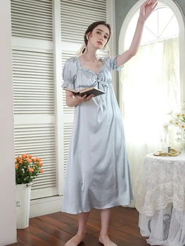 Romantic cămașă de noapte din Satin Cămașă de noapte Printesa Femeie Pijamale de Vara cu Maneci Scurte Rochie URI de Moda Vintage, camasi de Noapte Imagine 3