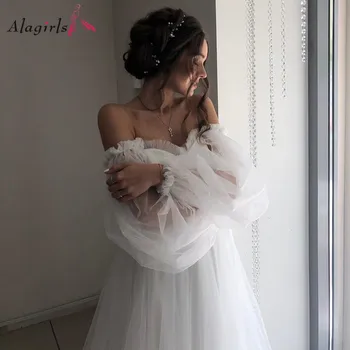 Romantic felinar mâneci ruched rochie din tul Iubita fara spate vestidos de noiva Matura-tren halat alb personalizat Imagine 3