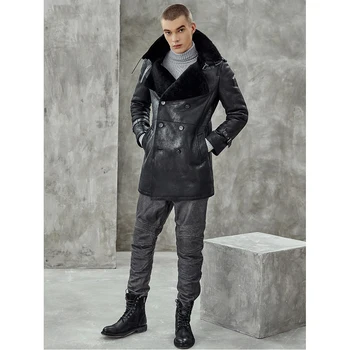 Shearling Jacket Mens Mult Stil Geaca De Piele Barbati De Iarna Paltoane De Blană Sacou Stil Militar Trench Negru Imagine 3