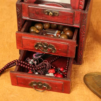 Stil antic Chinez Caseta de Bijuterii Multi-Strat Cutie de Depozitare Retro din Lemn Sertar Vanitatea Cutie Mica cu Oglinda pentru Nunta Imagine 3