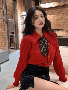 stil coreean roșu topuri tricotate scurte de Toamna Iarna pentru Femei Inner Bottom Tricou Papusa Guler Cardigan Haine Pulover de Crăciun Imagine 3