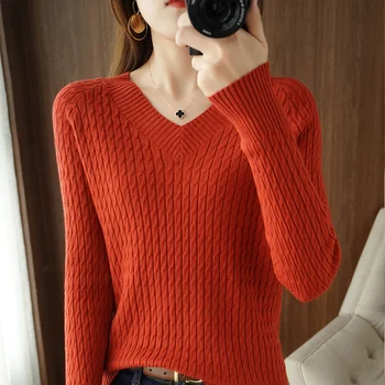 Toamna și iarna nou stil v-gât pulover pulover pulover vrac pulover gros femei culoare solidă Imagine 3