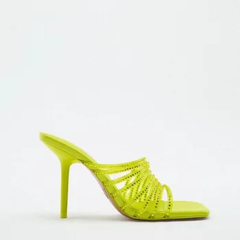 TRAF Femeie Sandale cu Toc 2022 Noi Deget de la picior Pătrat Bling Tocuri Papuci de casă Moda de Vara Sandale Tocuri cui Pompe de Pantofi Femei Imagine 3