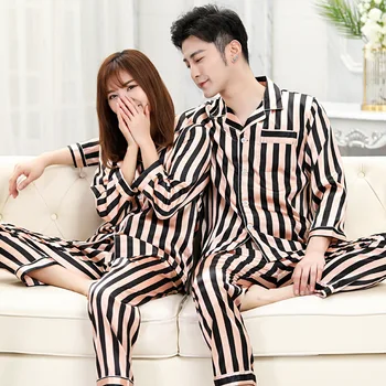 Vara Doi Bărbați Femei Lățime Cu Dungi Imprimate Pata Rever Maneca Lunga Pantaloni De Pijamale Iubitorii De Sex Feminin Pijamale Pijamale Homewear Imagine 3