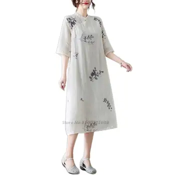 2022 orientală chineză qipao rochie tradițională lenjerie de pat din bumbac rochie qipao femei floare de imprimare cheongsam rochie retro de dans popular rochie Imagine 4