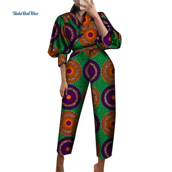 Africa de Haine pentru Femei Top si Pantaloni Seturi Bazin Riche Bumbac Felinar Mâneci Tricouri 2 Bucati Femeile Africane Pantaloni Haine WY914 Imagine 4