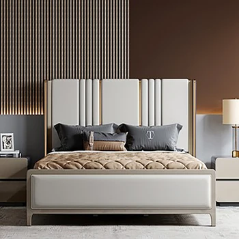 American lumina lux, pat dublu Italian din piele moale pachet de 1,8 m din lemn masiv, pat model proprietar dormitor net red pat de nuntă Imagine 4