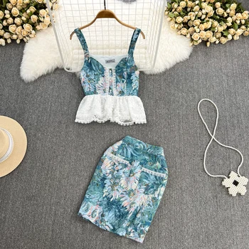 Banulin Pista de Toamnă 3 Piece Set pentru Femei Plasă de Broderie Bluze + Crop Top Vesta + Print Floral Jacquard Fusta Mini Costum Imagine 4