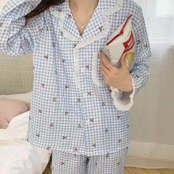 Carouri Pijama Seturi Pentru Femei Kawaii Japonia Stil Dulce De Primăvară De Mujer Butonul De Proiectare Maneca Lunga Fete De Moda Moale Sleepwear Lounge-Uri Imagine 4