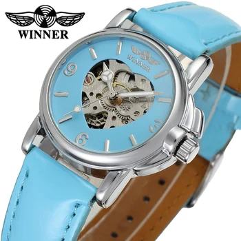 Câștigătorul casual elegant doamnelor moda albastru model dragoste încheietura ceas mecanic curea de piele Imagine 4