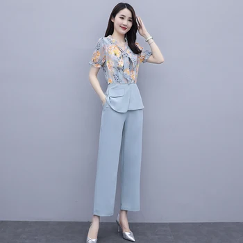 De Vară 2020 Femei Din Două Piese Set Elegant Floare De Imprimare Maneca Scurta Bluza Costume Pantaloni Largi Picior Pantaloni De Costum Imagine 4