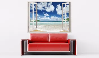 Frumoasa plajă decalcomanii de perete fereastra 3D, plaja perete decal, colorate sunny beach cer acoperit de nori vinil autocolant perete, pictura murala cer nori mur Imagine 4