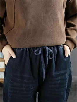 Iarna Coreea Moda Punk Streetwear Femei Haine Imprimate Albastru Cald Blugi Vintage Denim Pantaloni De Blană, Pantaloni Harem Pantaloni Imagine 4