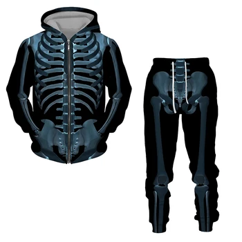 Jachete Barbati Trening Sport Noua Moda de Îmbrăcăminte pentru Bărbați 3D Amuzant Schelet Imprimat Hanorace Pantaloni Seturi Casual cu Glugă Imagine 4