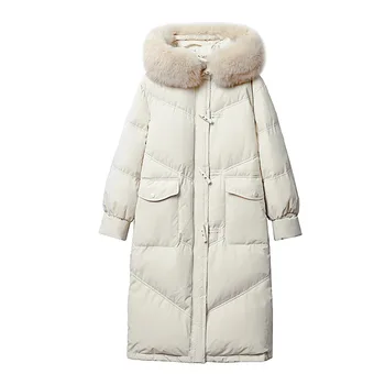 Jos jacheta femei 2022 nou mid-lungime moda îngroșat alb rață jos hanorac cu guler de blana de iarnă cu mâneci lungi doamnelor jacheta Imagine 4