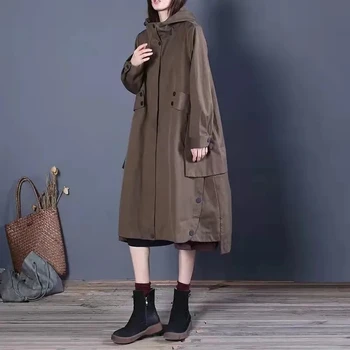 Leneș Stil Liber Palton Casual Solid Vintage cu Gluga Mid-lungime Șanț Jacheta de Moda pentru Femei Jacheta Buzunar Maneca Lunga Imagine 4