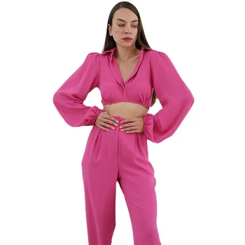 Noi francez de Moda de Îmbrăcăminte pentru Femei Bubble Sleeve Expuse Buric Design Sentiment Mici Pantaloni Picior Temperament Tinuta Casual Set Imagine 4