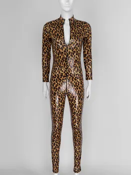 Noua Sexy Leopard de Imprimare Salopete Wetlook Faux din Piele Catsuit din PVC Latex Bodysuit Clubwear Fetish Erotic Fierbinte Dans Pol Costum Imagine 4