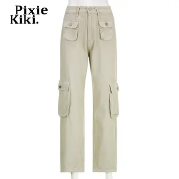 PixieKiki Y2k Streetwear Low Rise Jeans pentru Femei Pantaloni Stil coreean Multi-buzunar de Încărcături Kaki Pantaloni din Denim P67-EG48 Imagine 4