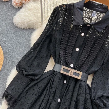 Primăvara Femei Dantelă rochie camasa cu curea Negru de Mari dimensiuni Felinar maneca Maxi Rochie 2023 Haine de Vară Streetwear INKEO 2D164 Imagine 4
