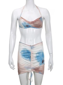 Rapwriter Tie Dye Print Două Seturi De Piese Pentru Femei Outifits Sexy De Vară Co-Ord Potrivire Halter Top+Fusta Solduri Plajă Elegant Clubwear Imagine 4