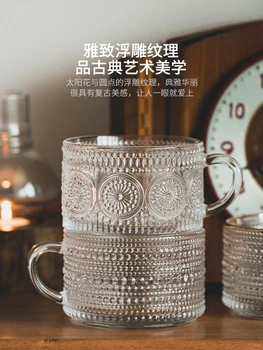 Sticlă Ceașcă de Cafea Relief Transparent din Gresie ceramică Rezistentă la Căldură Cupe de Sticlă cu Mâner mic Dejun Creativ Cana Nordic Taza De Cafenea Imagine 4