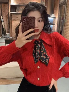 stil coreean roșu topuri tricotate scurte de Toamna Iarna pentru Femei Inner Bottom Tricou Papusa Guler Cardigan Haine Pulover de Crăciun Imagine 4