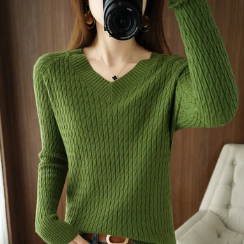 Toamna și iarna nou stil v-gât pulover pulover pulover vrac pulover gros femei culoare solidă Imagine 4