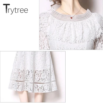 Trytree de Vară 2020 femei Casual Rochie de Dantelă Florale rochii Jumătate maneca O-Gât O-Linie Genunchi Lungime Mătăsos Alb Rochie din Poliester Imagine 4