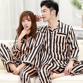Vara Doi Bărbați Femei Lățime Cu Dungi Imprimate Pata Rever Maneca Lunga Pantaloni De Pijamale Iubitorii De Sex Feminin Pijamale Pijamale Homewear Imagine 4
