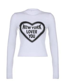 Weekeep Alb de Bază Crop Top cu Maneci Lungi Skinny Casual T-shirt Harajuku Scrisoare de Imprimare Inima y2k Tricou Femei Haine Tee Estetice Imagine 4