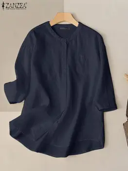 ZANZEA Femei de Vara Bluza Eleganta cu Maneca 3/4 O-Gât Culoare Solidă Buton de Cămașă Femme Fashion Casual Elegante, Topuri Supradimensionate 2022 Imagine 4