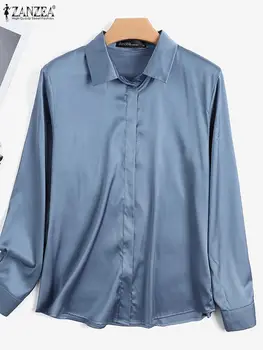 ZANZEA Satin Elegant, cu Maneca Lunga Bluze Femei 2022 Epocă de Lucru OL Tricou Casual Pierde Butonul Femeie Tricouri Doamna Toamna Topuri Imagine 4