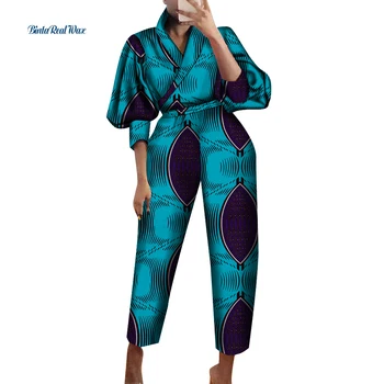 Africa de Haine pentru Femei Top si Pantaloni Seturi Bazin Riche Bumbac Felinar Mâneci Tricouri 2 Bucati Femeile Africane Pantaloni Haine WY914 Imagine 5
