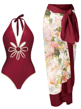 Bikini 2022 Moda Solid Adânc V-O singură Bucată de costume de Baie și Acoperi Vara Beachwear Triunghi Epocă Costum de Baie Înot Biquini Imagine 5