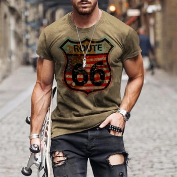 Clasic 66 T-Shirt pentru Bărbați Supradimensionate Liber 3d Digitale de Imprimare T-Shirt Retro Litere Cămașă cu Mânecă Scurtă, O-Neck de Vară pentru Bărbați Imagine 5