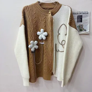 Coreea Moda Îmbinare Tricotate Cardigan pentru Femei O Gât Vrac Maneca Lunga de Toamna Iarna Tricotate Cardigan Casual de Flori Strat Chic Imagine 5