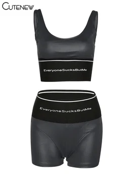 Cutenew Negru Solid Scrisoare De Imprimare De Două Seturi De Piese Femeile Betelie Culturilor Topuri+Fitness Stretch Pantaloni Scurți De Potrivire Doamna Casual Streetwear Imagine 5