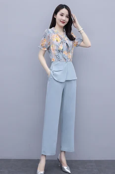De Vară 2020 Femei Din Două Piese Set Elegant Floare De Imprimare Maneca Scurta Bluza Costume Pantaloni Largi Picior Pantaloni De Costum Imagine 5