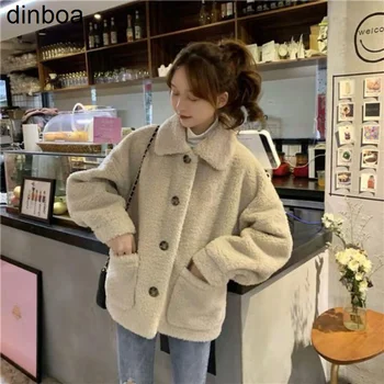 Dinboa-jachete Femei Vrac Trunchiate Fleece Epocă Harajuku Moale, Dulce, Fată Miei Haină de Lână Îngroșa Largi de Iarnă de Moda coreeană Imagine 5