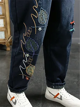 Iarna Coreea Moda Punk Streetwear Femei Haine Imprimate Albastru Cald Blugi Vintage Denim Pantaloni De Blană, Pantaloni Harem Pantaloni Imagine 5