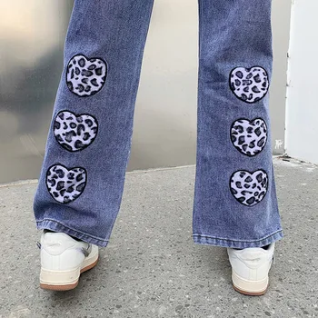 Inimă Nouă Broderie Print Pantaloni Largi Picior 2021 Vară De Moda Pentru Femei Vrac Talie Inalta Blugi Retro Strada Indie Y2k Pantaloni Din Denim Imagine 5