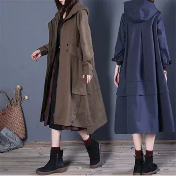 Leneș Stil Liber Palton Casual Solid Vintage cu Gluga Mid-lungime Șanț Jacheta de Moda pentru Femei Jacheta Buzunar Maneca Lunga Imagine 5
