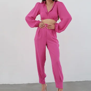 Noi francez de Moda de Îmbrăcăminte pentru Femei Bubble Sleeve Expuse Buric Design Sentiment Mici Pantaloni Picior Temperament Tinuta Casual Set Imagine 5